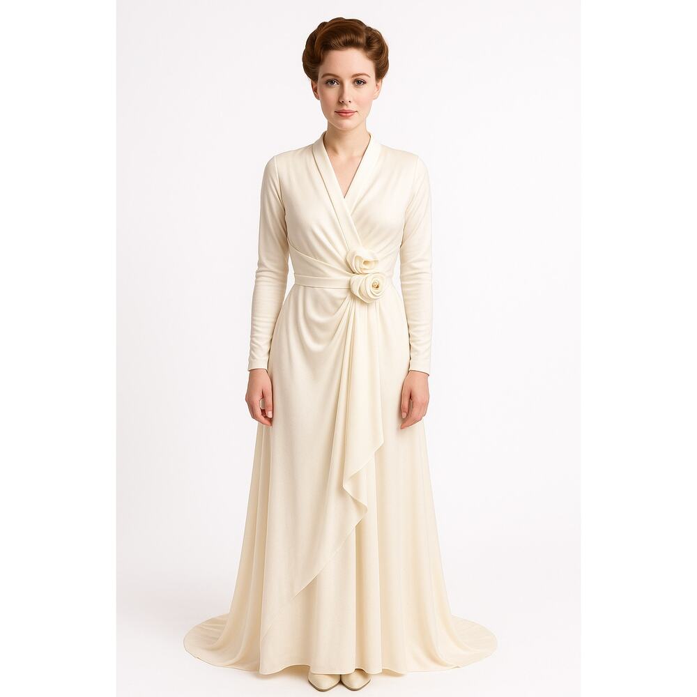 Vintage Ivory Wrap Gown w/ Rosette Detail ILGWU USA and hat wedding Dress XS